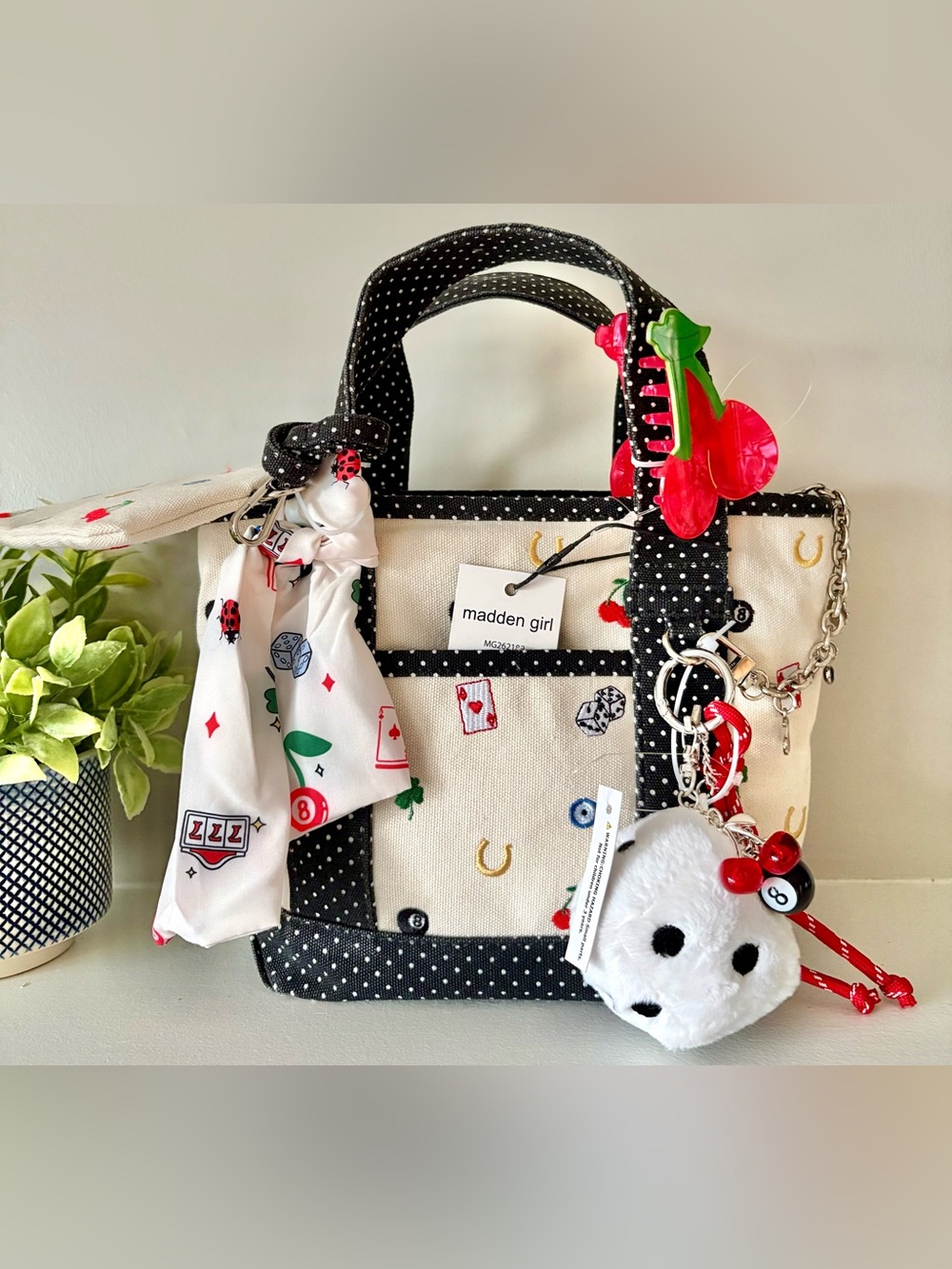 Madden Girl Cream Canvas Tote with Polka Dot Trim, Charms, Pouch & Hairclip